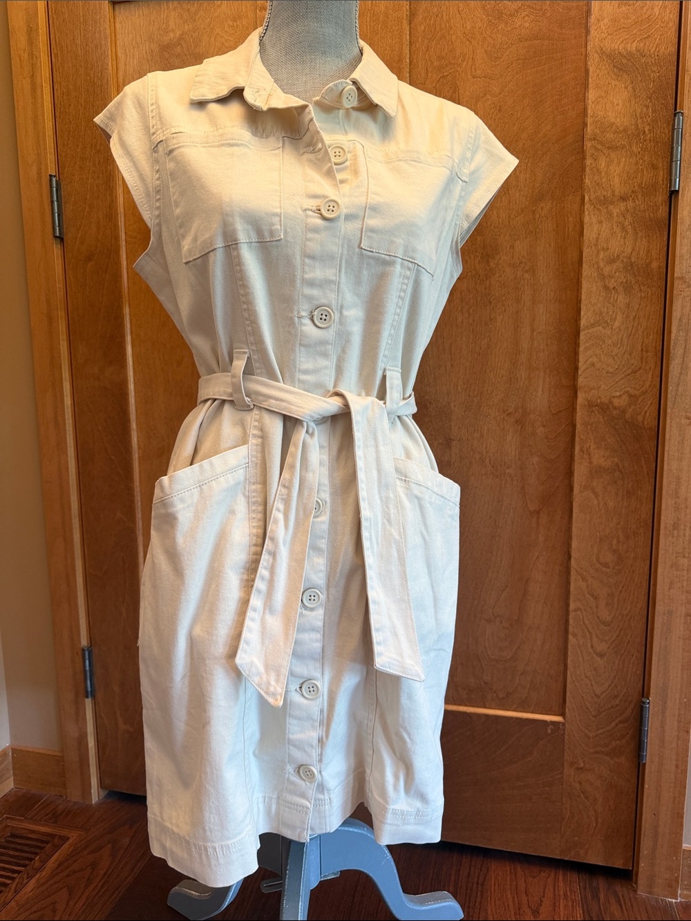 Sleeveless Button-Front Mini Dress with Tie Belt in Cream sz Lg